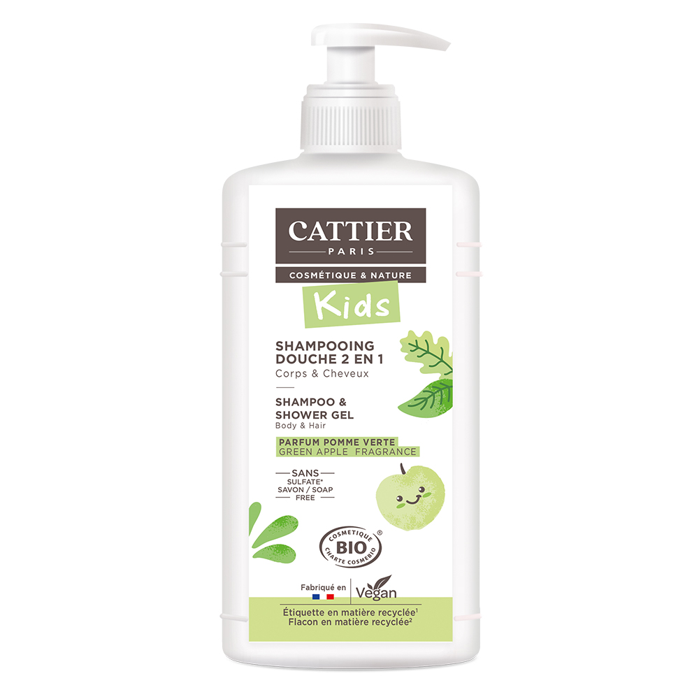 Cattier Gel douche Shampooing démêlant 2 en 1 Parfum Pomme verte 500ml