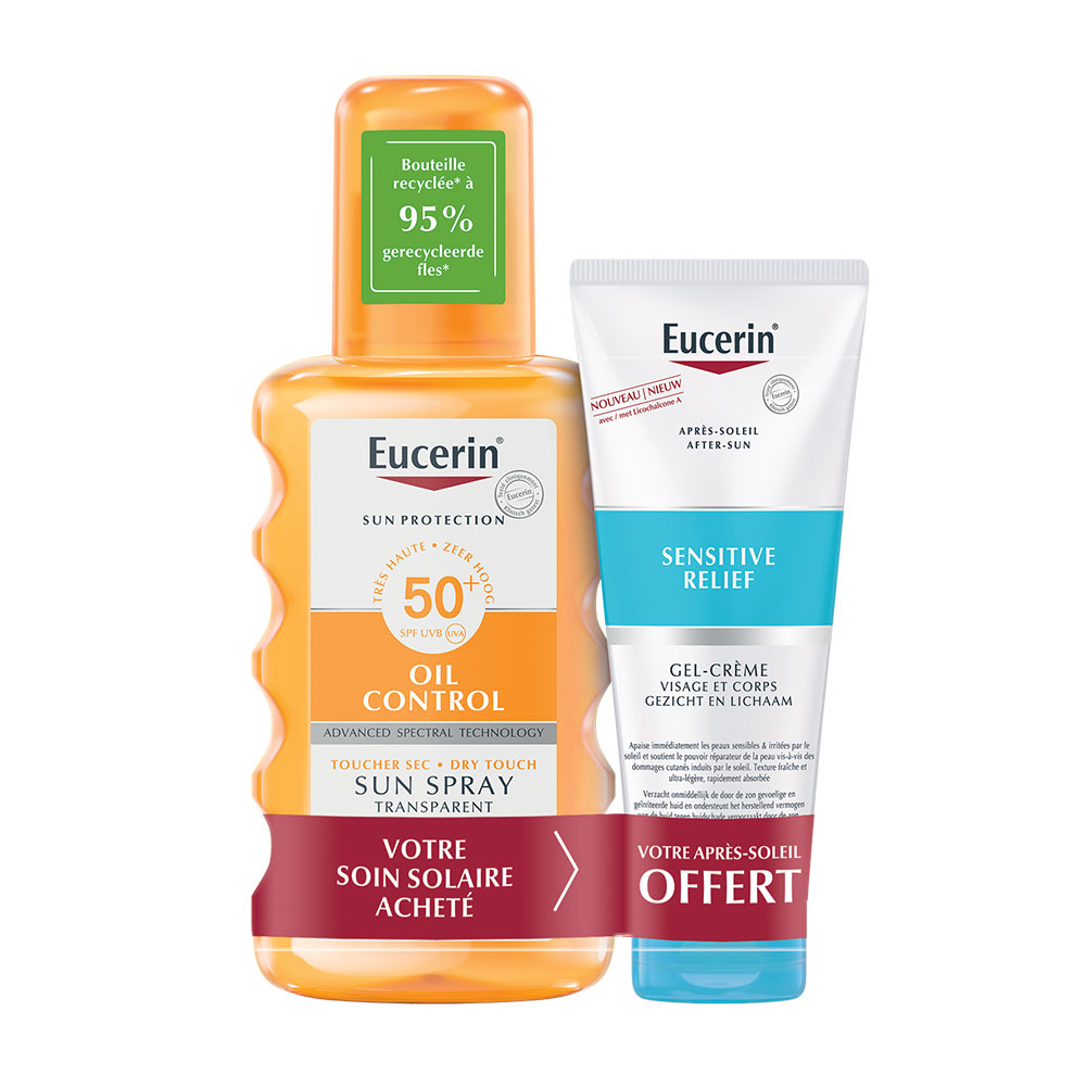 Eucerin Sun Protection Duo Sun Oil Control transparent SPF 50 + Mini SUN SENSITIVE RELIEF Après-soleil OFFERT