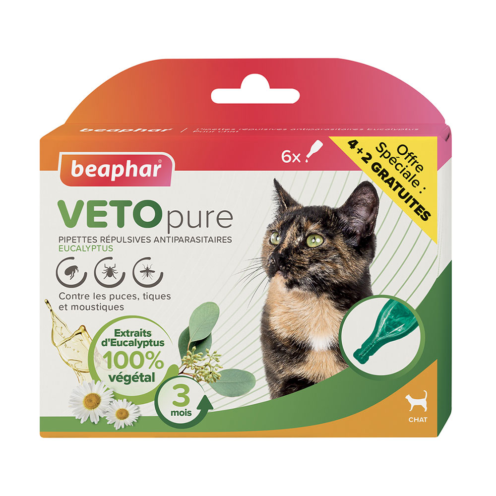 Beaphar VetoPure pipettes répulsives antiparasitaires Chat x4+2 gratuites