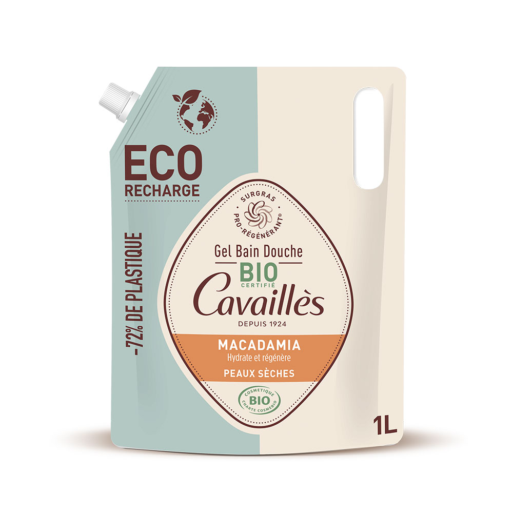Cavaillès Eco-Recharge Gel Bain et Douche Huile de Macadamia Bio Peaux sèches 1L