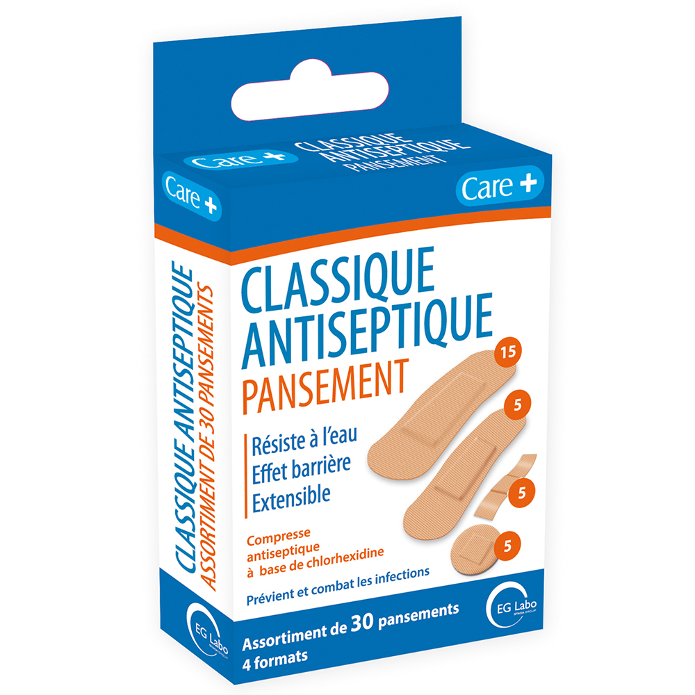 Care+ Pansements classiques antiseptiques 4 formats x30