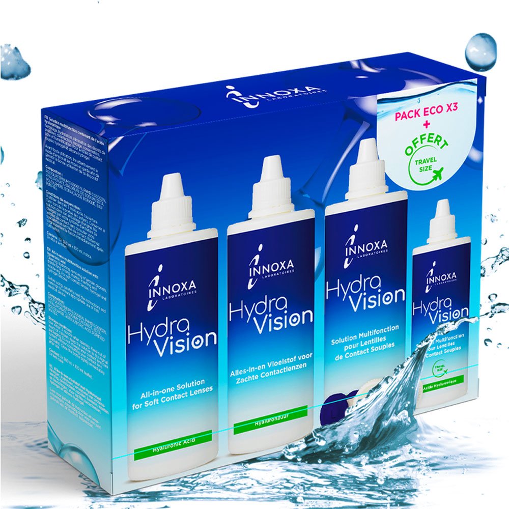 Innoxa HydraVision Solution multifonctions pour lentilles de contact souples pour les yeux sensibles 3x360ml+100ml
