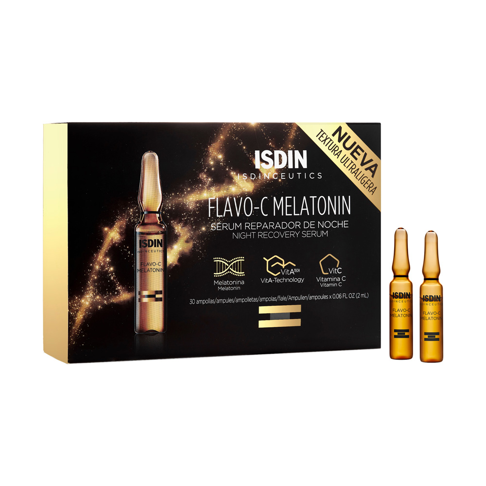Isdin Flavo-C Melatonin Sérum visage de nuit réparateur et antioxydant à la vitamine C 30 ampoules x 2ml