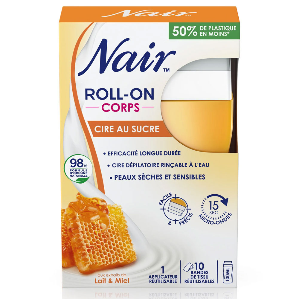 Nair Roll On Cire au Sucre aux extraits de lait et miel Peaux seches et sensibles 100ml