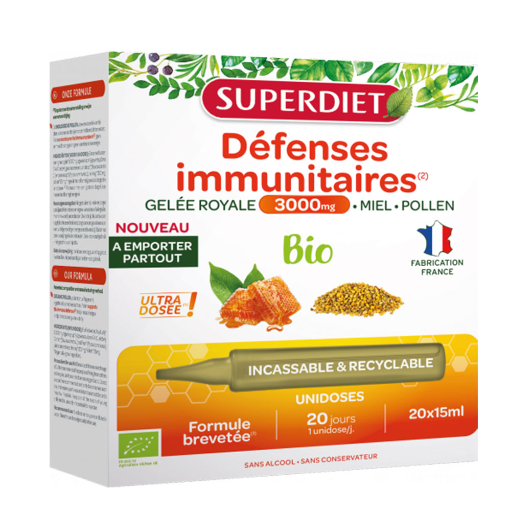 Superdiet Gelée Royale 3000mg Bio Défenses immunitaires 20 unidoses de 15ml