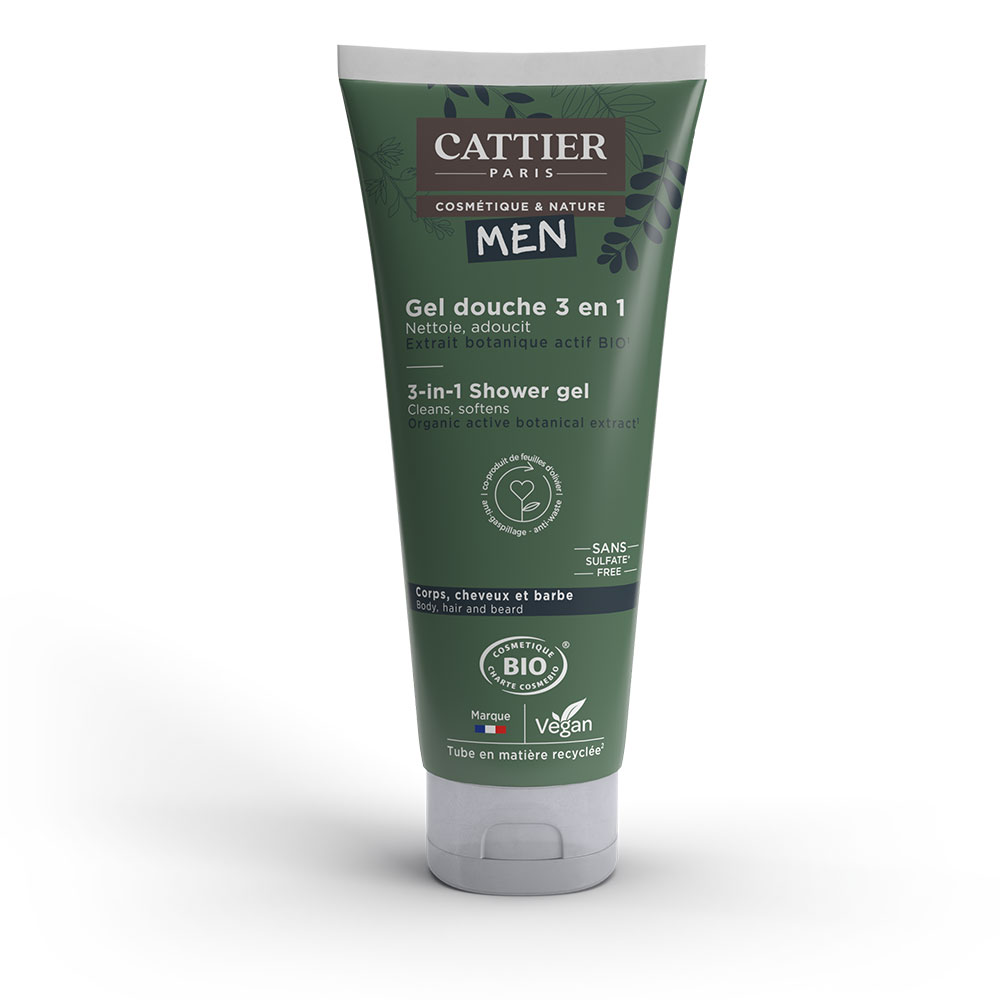 Cattier Homme Gel Douche 3 en 1 Bio Corps, Cheveux et Barbe 200ml
