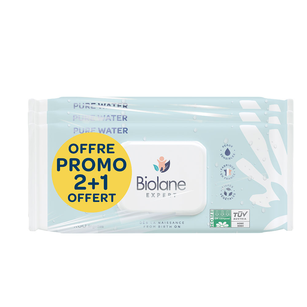 Biolane Expert Lingettes Pure Water Nettoyant bébé 3x60