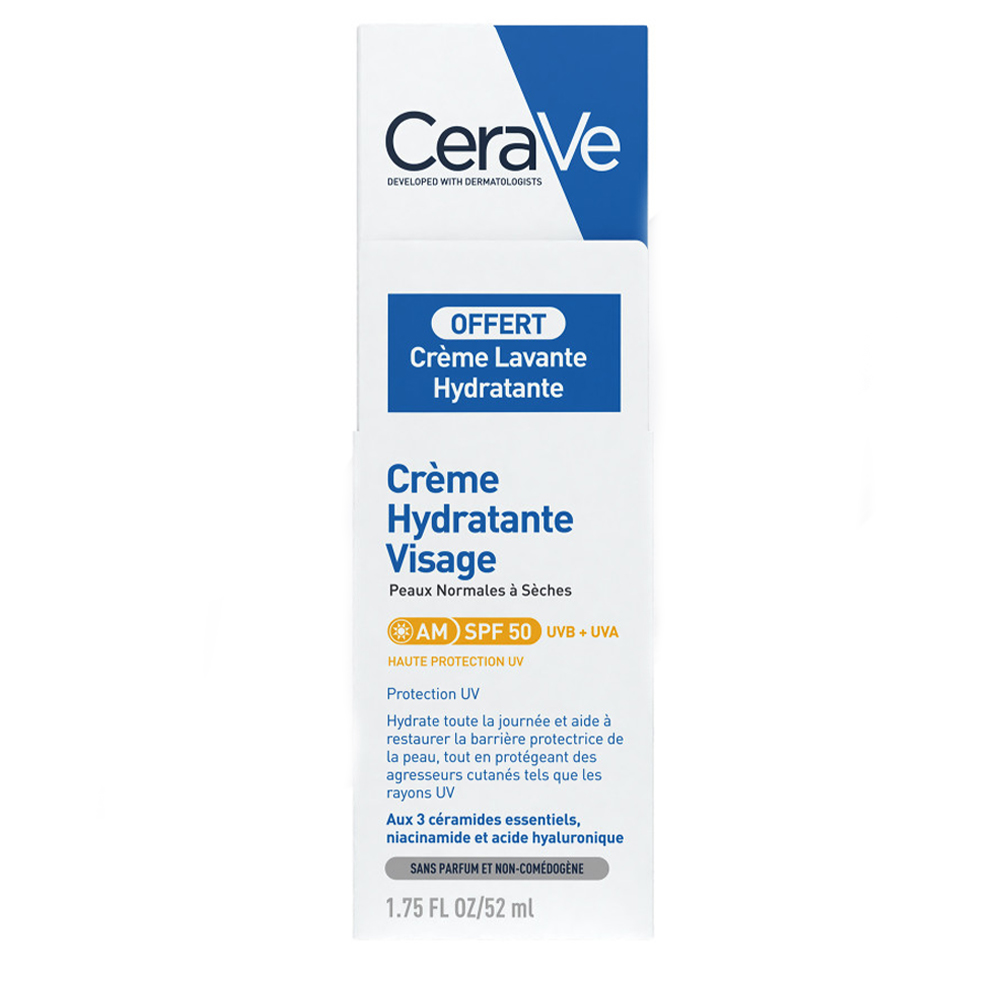 Cerave Crème Hydratante Visage SPF50 52ml + Crème Lavante 20ml Peaux Normales à Sèches
