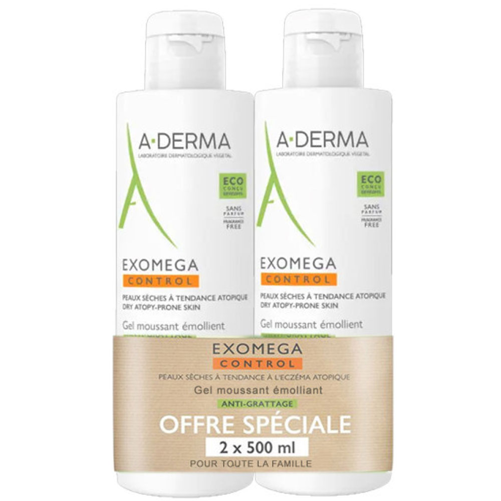 A-Derma Exomega Control Gel Moussant Emollient Peaux A Tendance Atopique 2x500ml