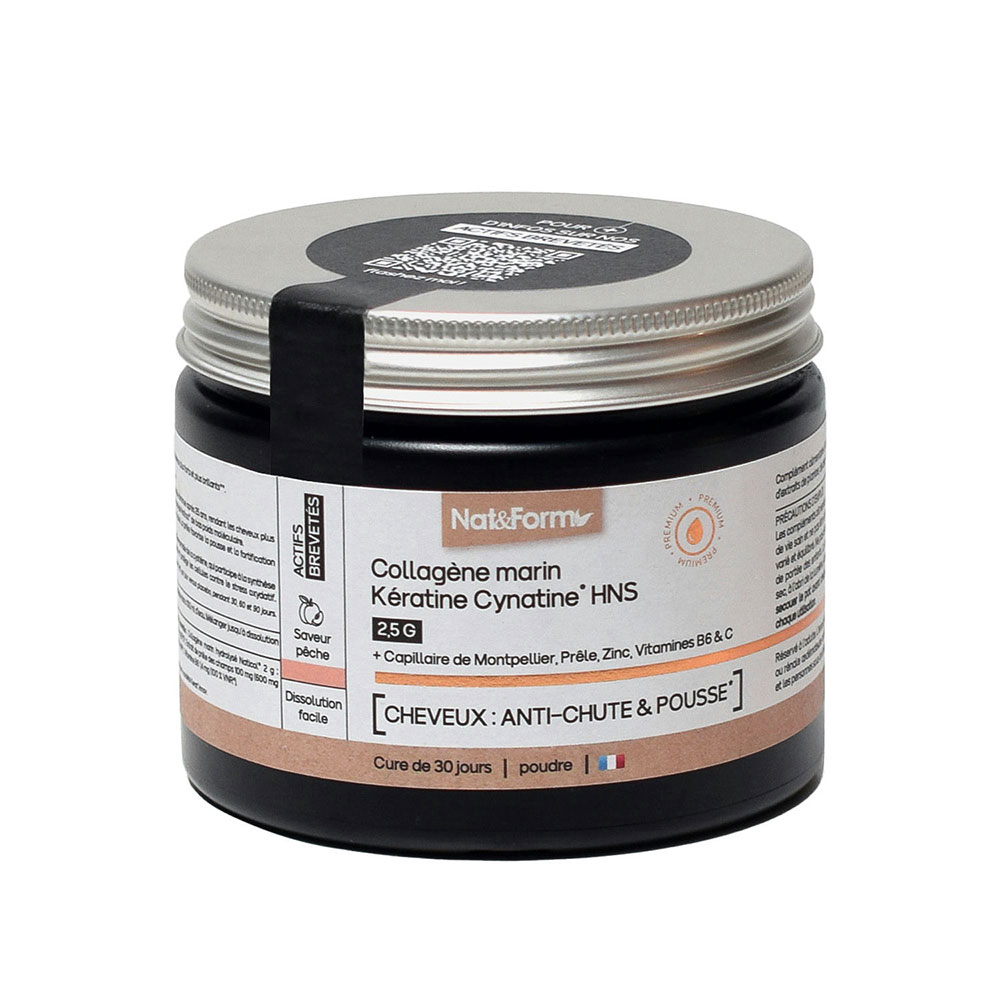 Nat&Form Collagène Marin Kératine Cynatine HNS 2.5g Cheveux Anti-Chute et Pousse Saveur Pêche 120g