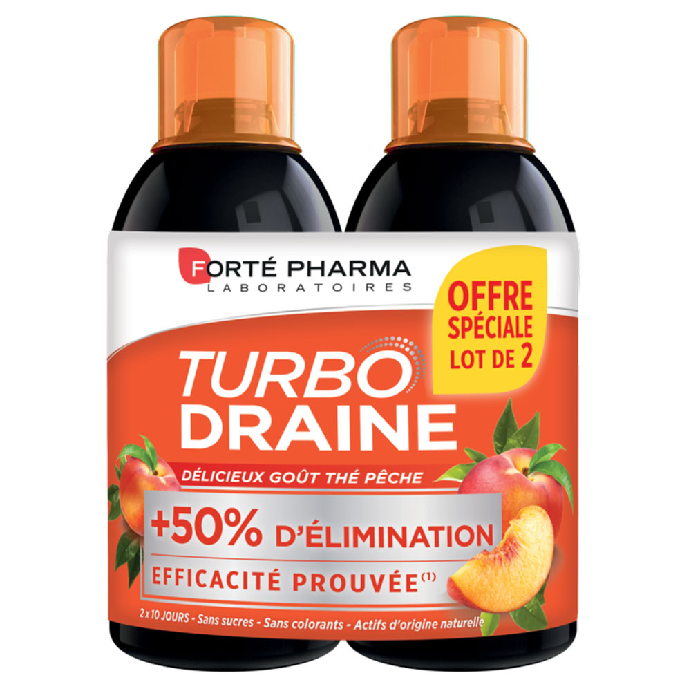 Forté Pharma TurboDraine Draineur Minceur et Elimination Goût Thé-Pêche 2x500ml