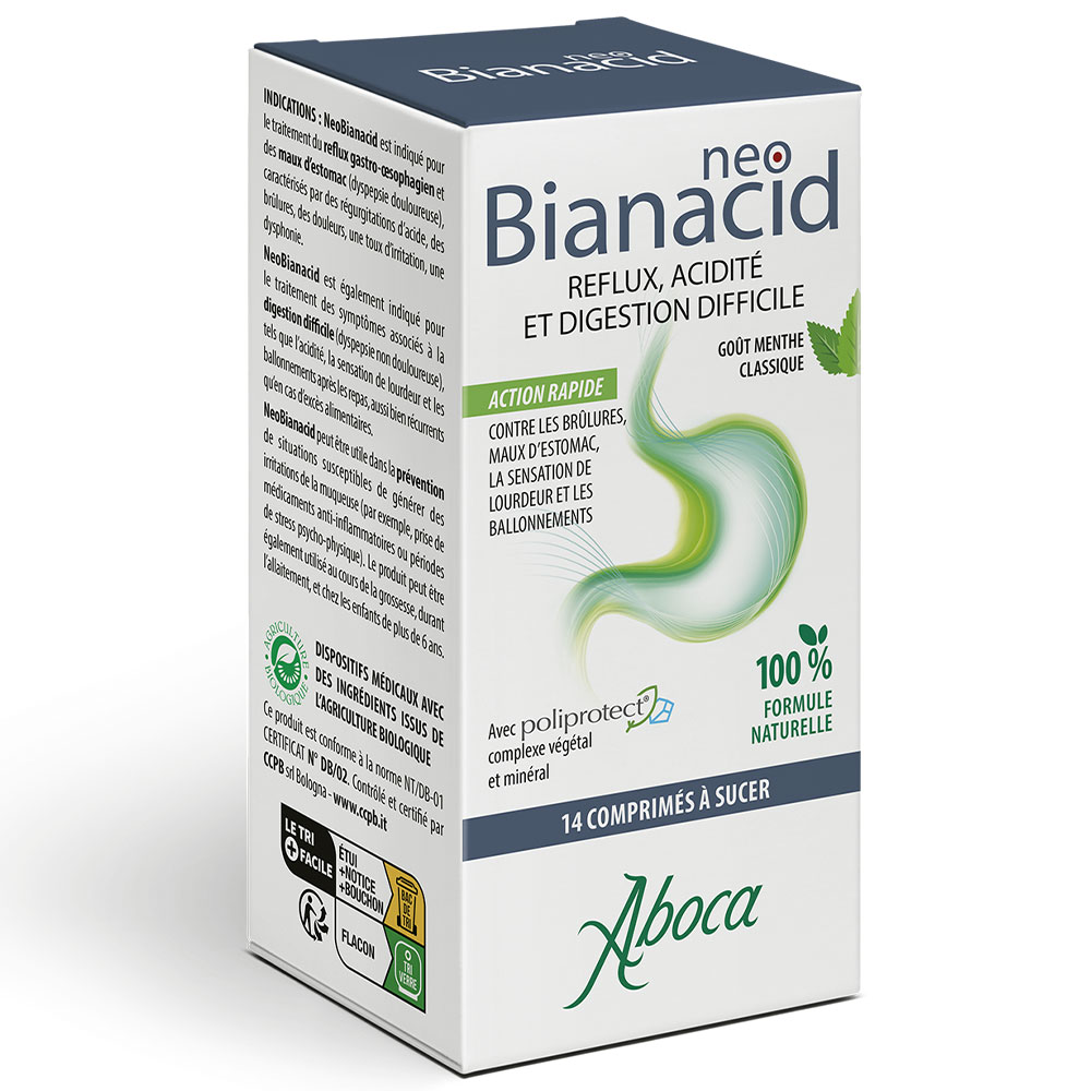 Aboca Gastro-intestinale Neobianacid Reflux Acidité & Digestion Difficile Goût Menthe 14 Comprimes