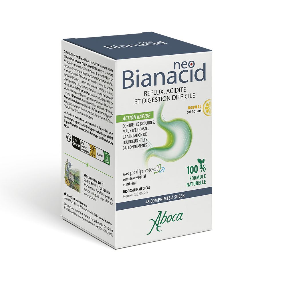 Aboca Gastro-intestinale Neobianacid Reflux Acidité A Partir de 6 Ans Goût Citron 45 Comprimés à Sucer