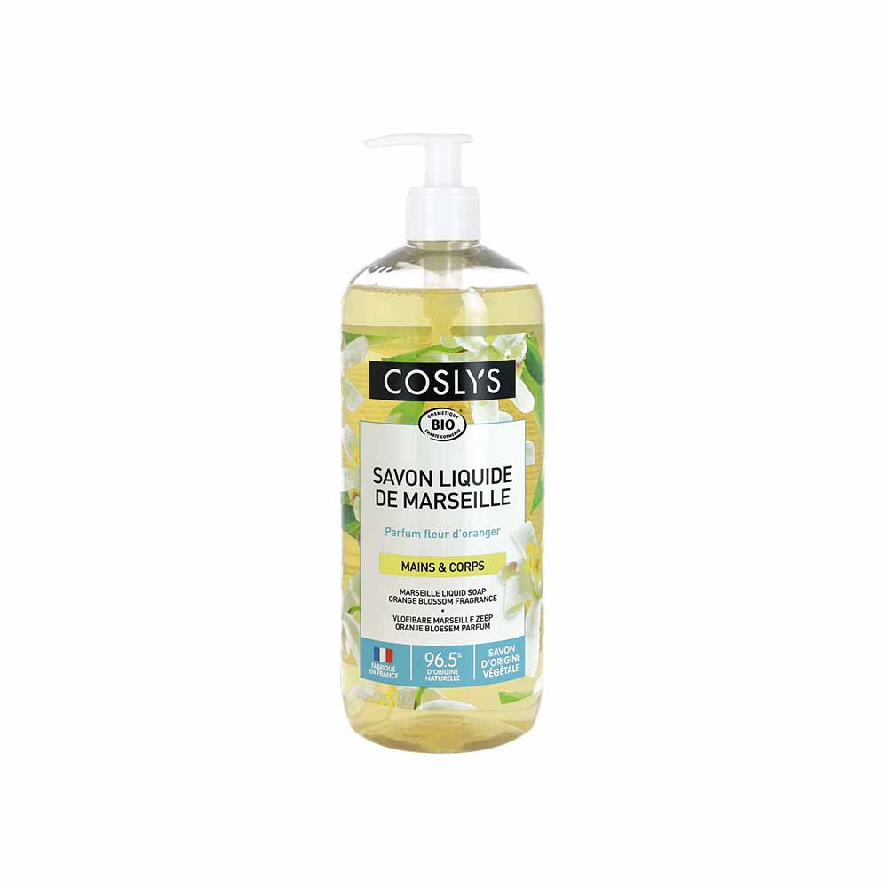 Coslys Savon liquide de marseille a fleur d'oranger bio Mains et corps 1L