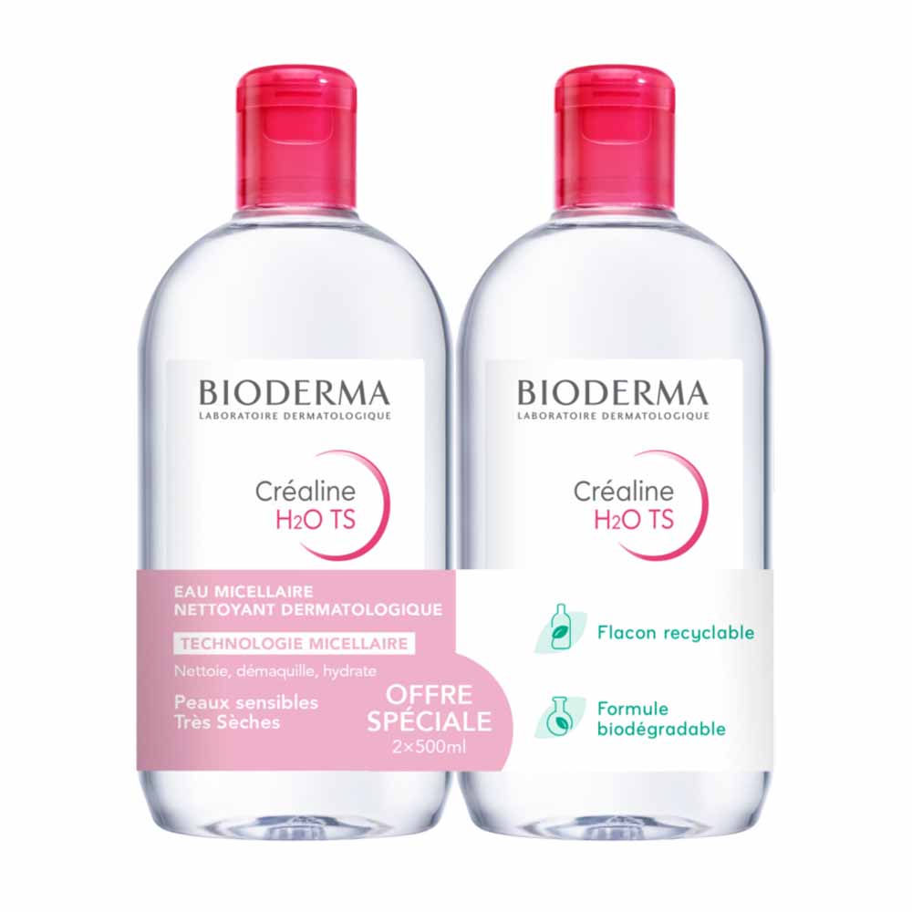 Bioderma Crealine Eau micellaire H2O Ts Peaux sensibles, peaux sèches à très sèches 2x500ml