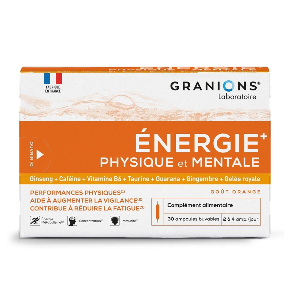 Granions Energie+ Physique et Mentale Goût Orange 30 ampoules buvables