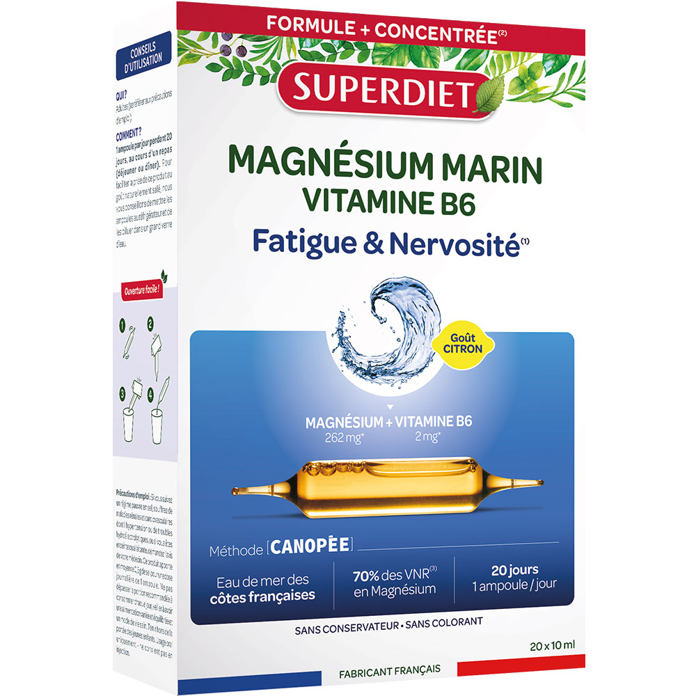Superdiet Magnésium Marin Vitamine B6 Fatigue et nervosité 20x10ml ampoules
