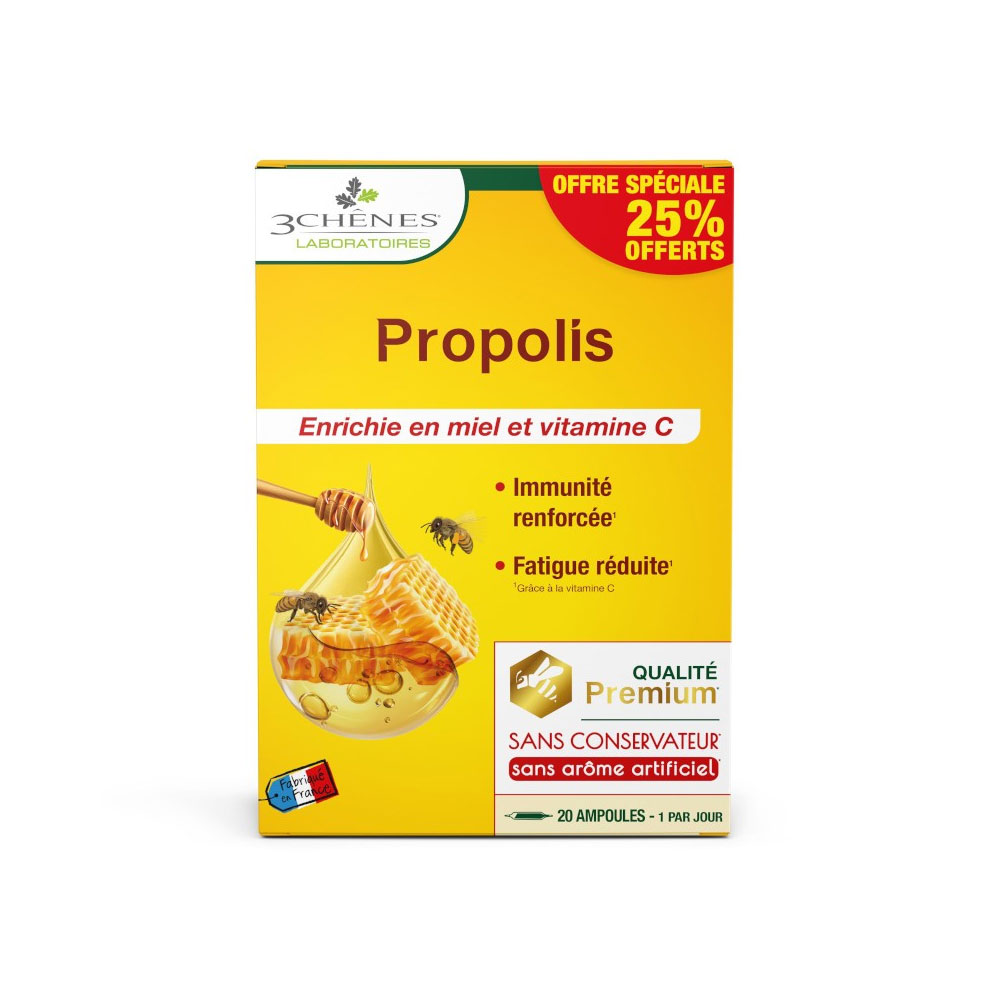3 Chênes Propolis Enrichie En Miel Et Vitamine C 20 ampoules de 10ml