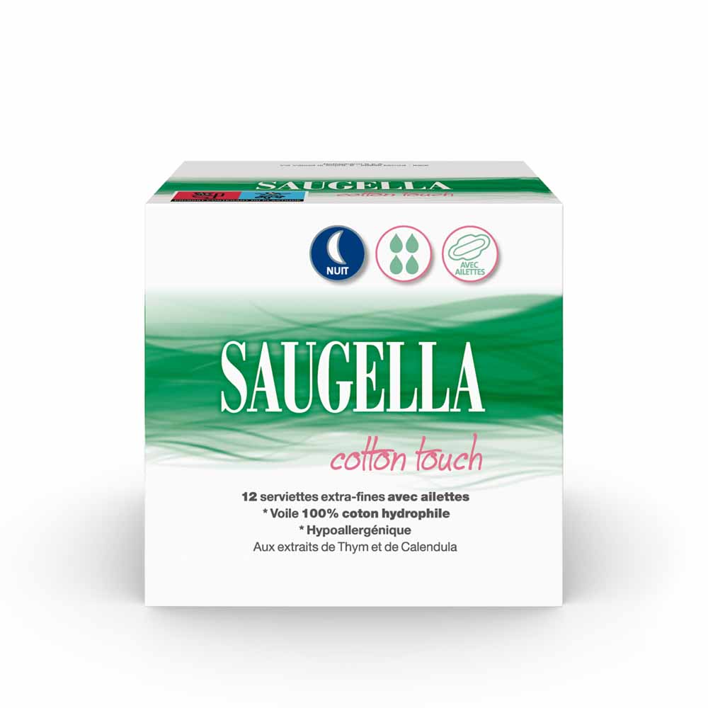 Saugella CottonTouch Serviettes Hygieniques Nuit Avec Ailettes x12