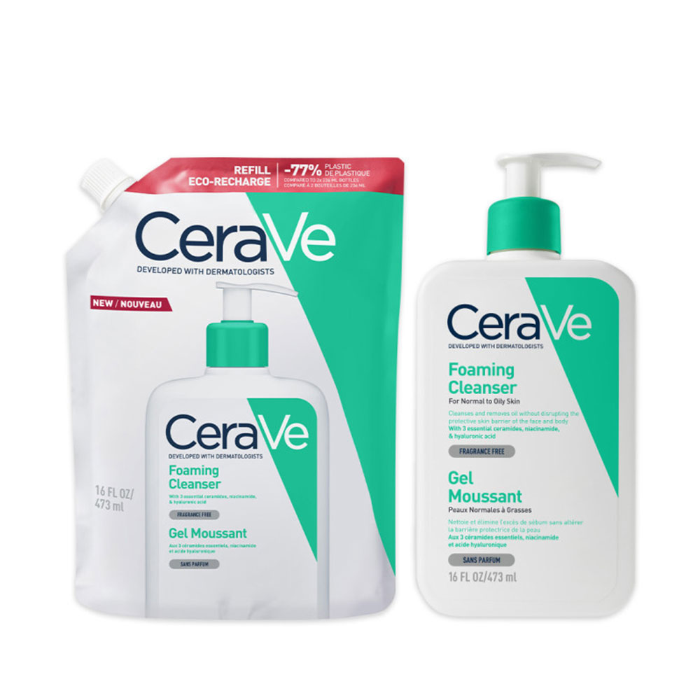Cerave Cleanser Visage Gel Moussant Visage Et Cou + Eco Recharge Peaux Normales A Grasses 2x473ml