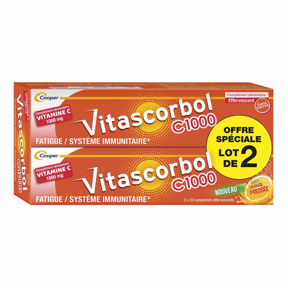 Vitascorbol Vitamine C1000 Goût Orange pressée 2x20 comprimés effervescents