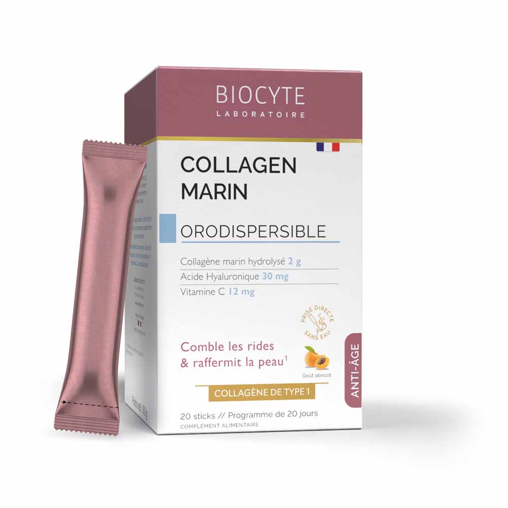 Biocyte Anti-âge Collagène Marin Acide Hyaluronique et Vitamine C Goût Abricot 20 sticks orodispersibles