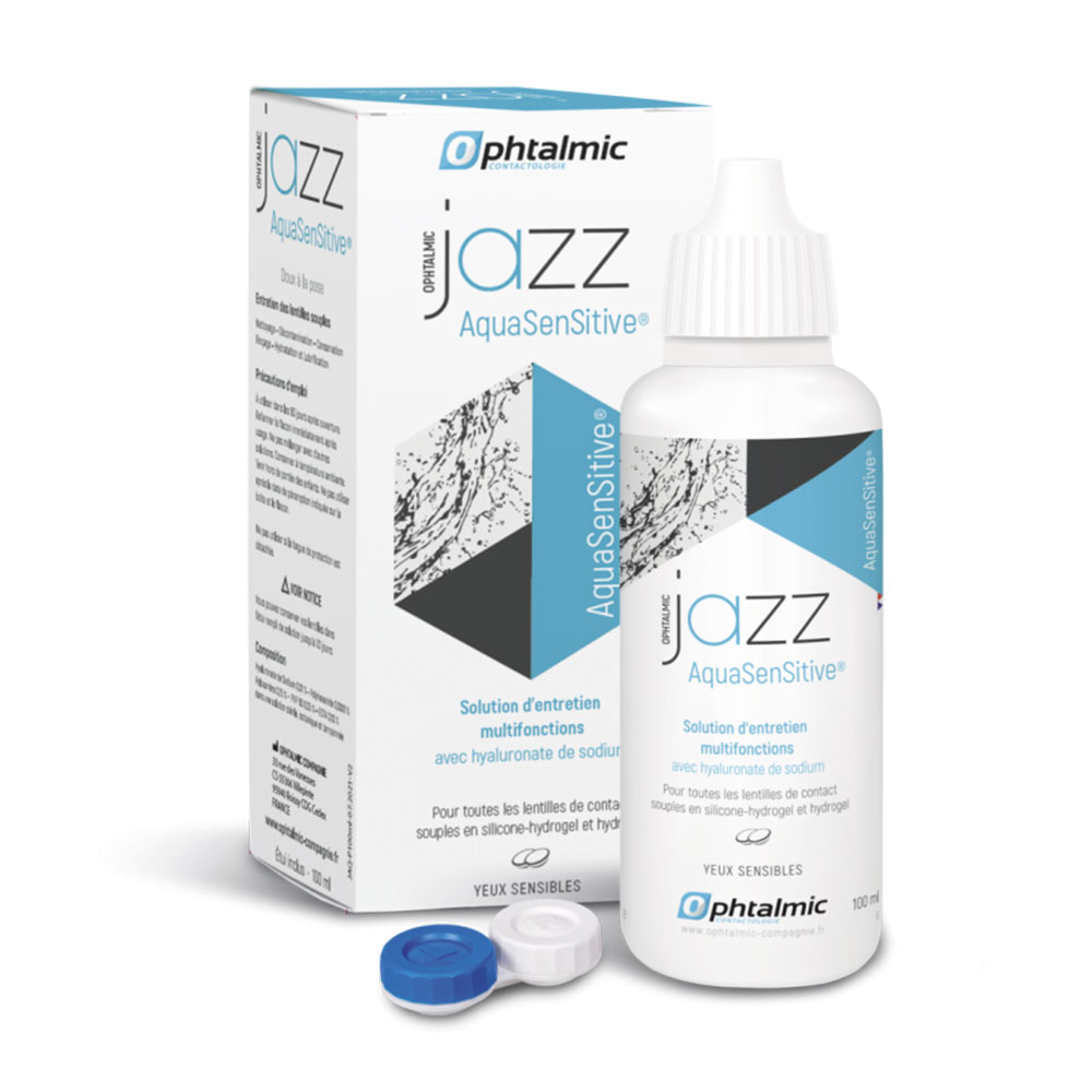 Ophtalmic AquaSensitive Jazz solution multifonction pour tous types de lentilles souples 100ml