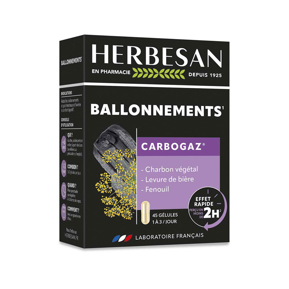 Herbesan Carbogaz Ballonnement Charbon Vegetal x45 gélules