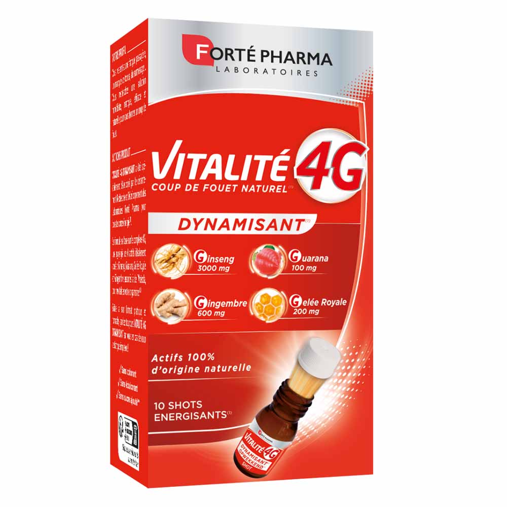 Forté Pharma Vitalité 4G Shot Dynamisant Ginseng Gingembre Gelée Royale et Guarana 10 Shots à boire