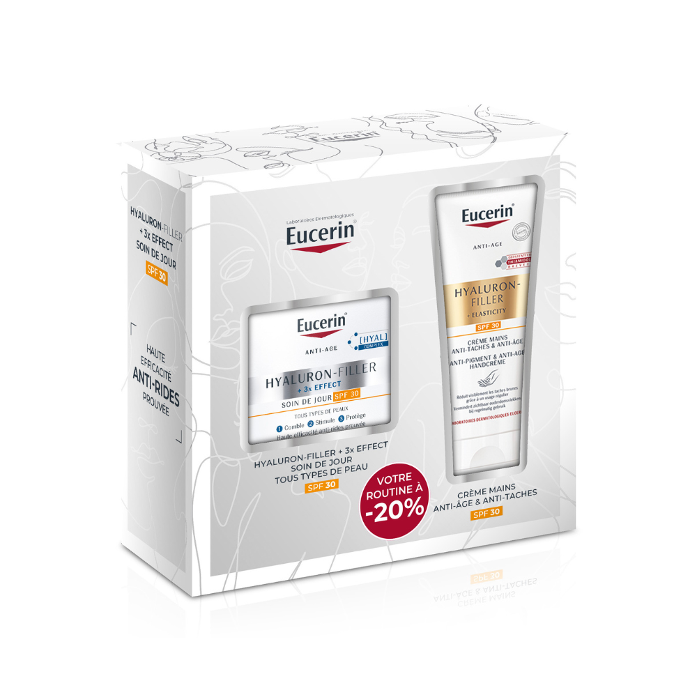 Eucerin Coffret Eucerin Hyaluron-Filler + 3X Effect Soin de Jour SPF30 + Crème Mains Anti-Age SPF30 125ml