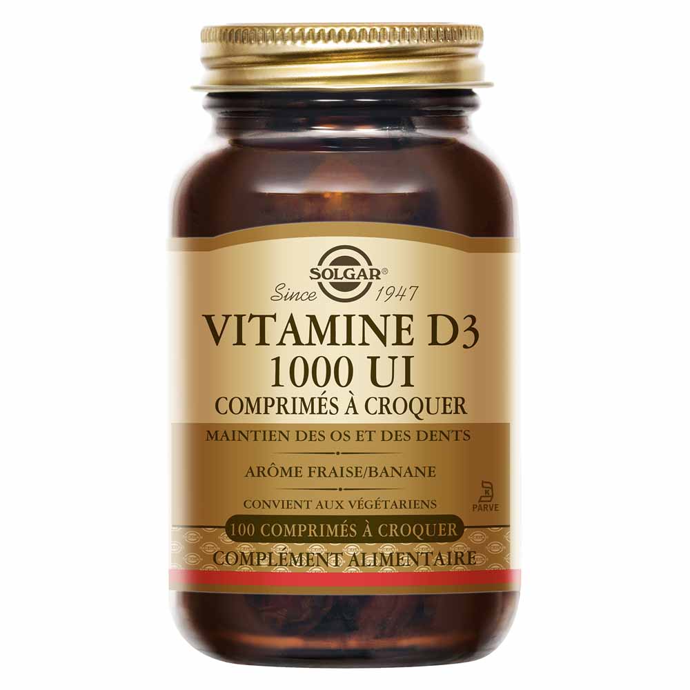 Solgar Vitamine D3 1000 UI à croquer Fraise/Banane Défenses Immunitaires 100 comprimés à croquer