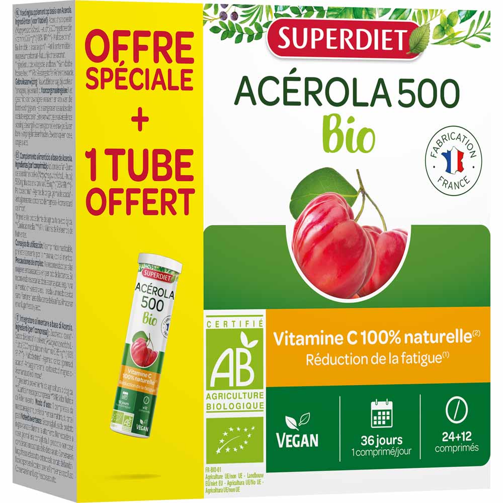 Superdiet Acerola 500 Bio 24+12 Comprimes A Croquer