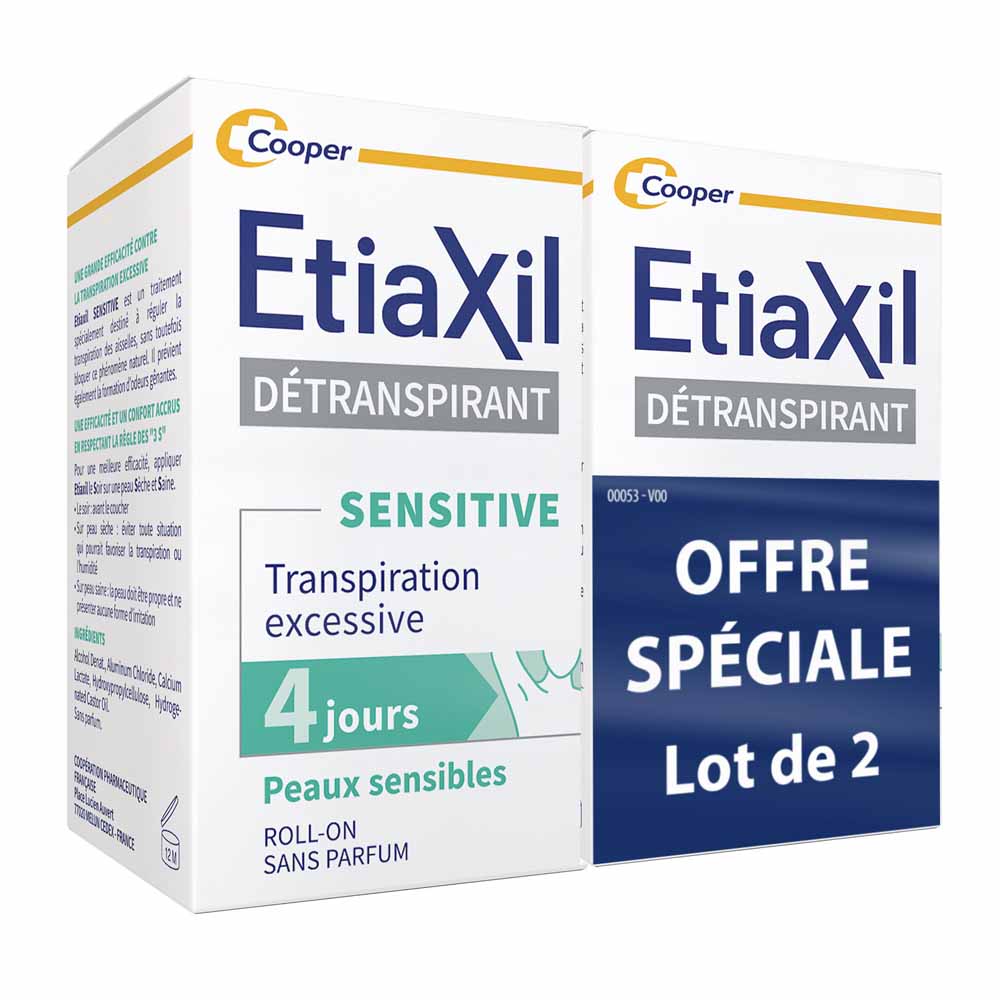 Roll-on Aisselles Traitement Transpiration Excessive 2x15ml Detranspirant Peaux Sensibles Etiaxil