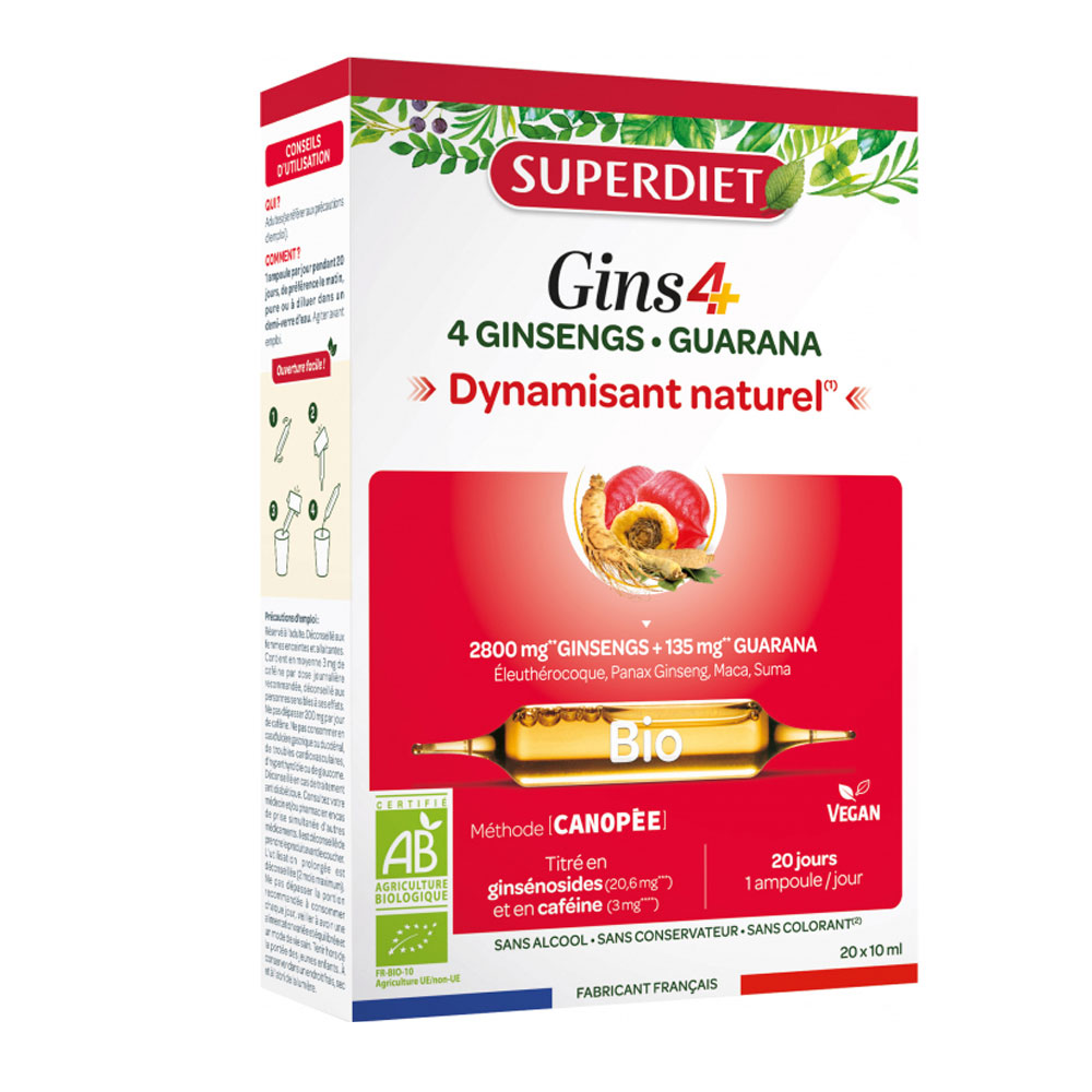 Superdiet Gins4+ 4 ginsengs et guarana Dynamisant naturel 20 ampoules de 10ml