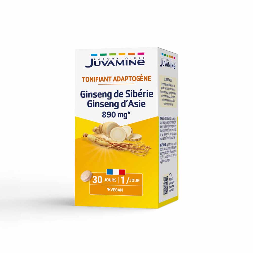 Juvamine Ginseng de Sibérie Ginseng d'Asie 890mg Tonifiant Adaptogène 30 Comprimés