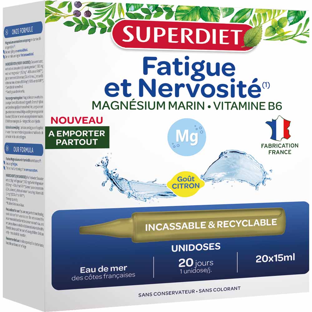 Superdiet Magnésium Marin Vitamine B6 Fatigue et nervosité 20 unidoses de 15ml