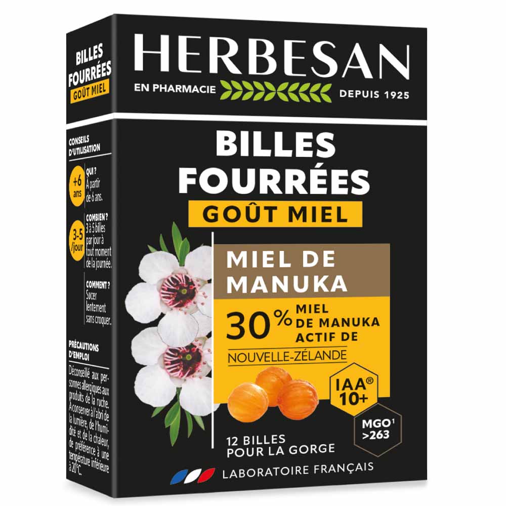 Herbesan Miel de Manuka Billes Fourrées Pour La Gorge x12
