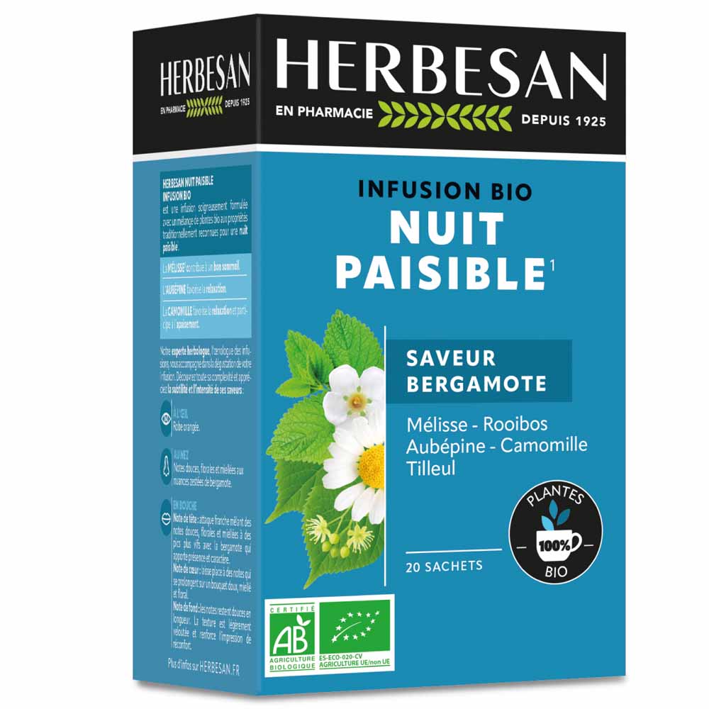 Herbesan Infusion Camomille Nuit Paisible Bio Saveur Bergamote 20 sachets