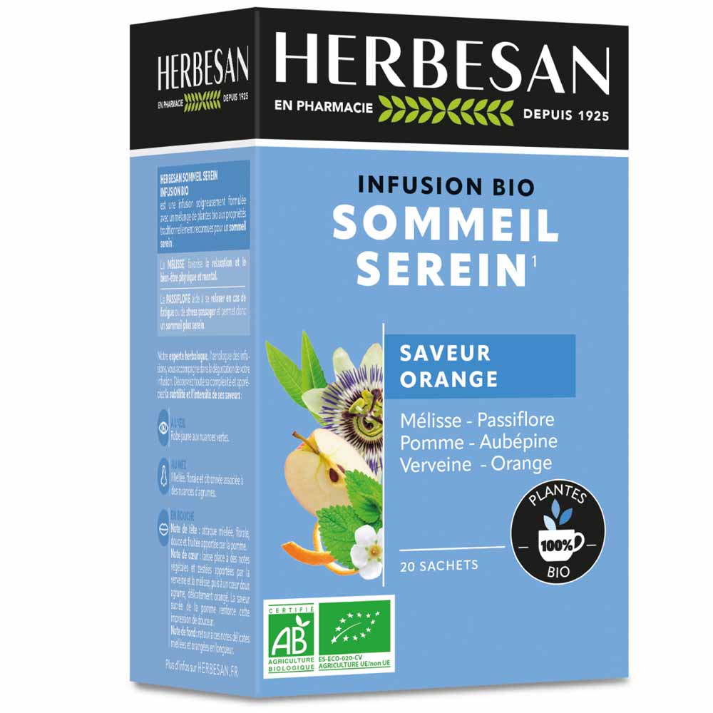 Herbesan Infusion Melisse Passiflore Sommeil Serein Bio Saveur orange 20 sachets