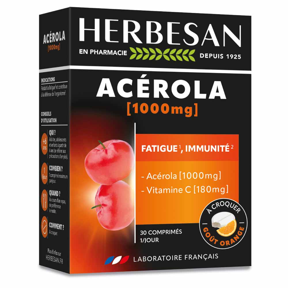Herbesan Acerola 1000mg Vitamine C 180mg Goût Orange 30 comprimés