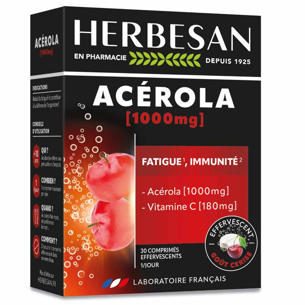 Herbesan Acerola 1000mg Vitamine C 180mg Goût Cerise 30 comprimés