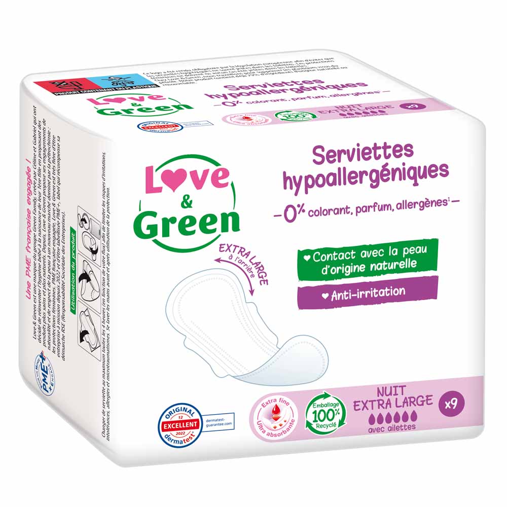 NUIT EXTRA LARGE 9 serviettes Anti-irritations Love&Green