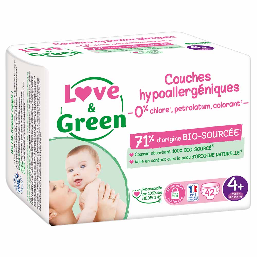 Taille 4+, Maxi Plus 42 couches 9 à 20kg Love&Green