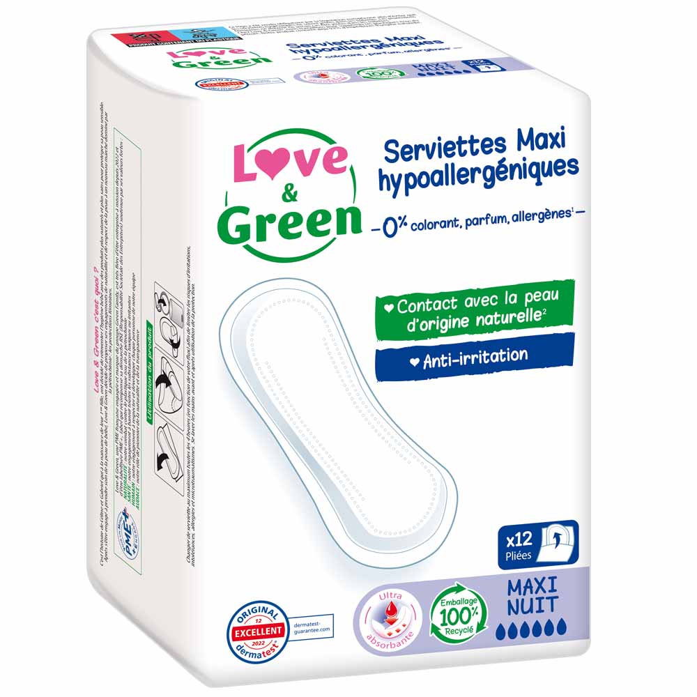 MAXI NUIT 12 serviettes Anti-irritations Love&Green