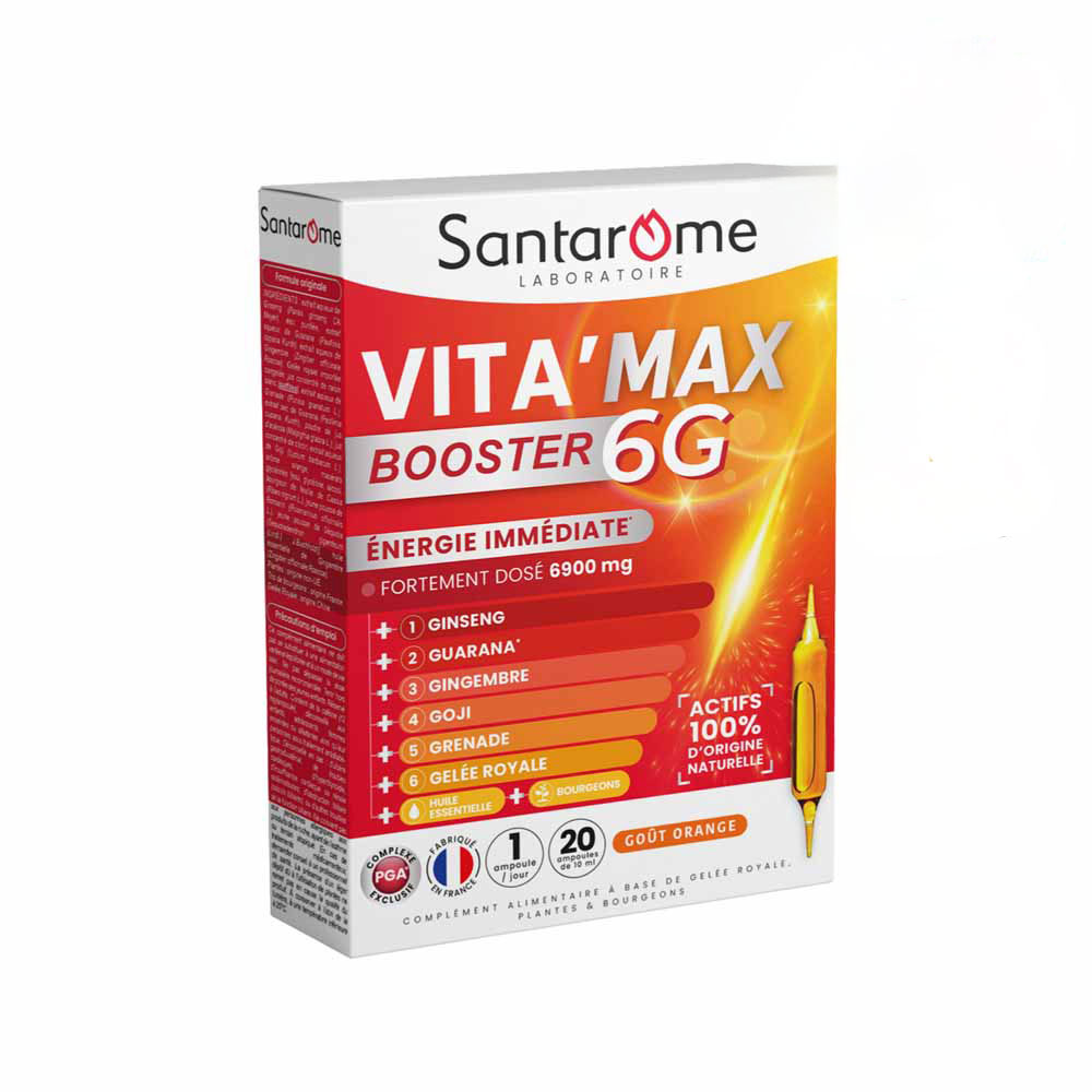 Santarome Vita'max Booster 6G Anti fatigue 6000 mg d'actifs Goût Orange 20 ampoules