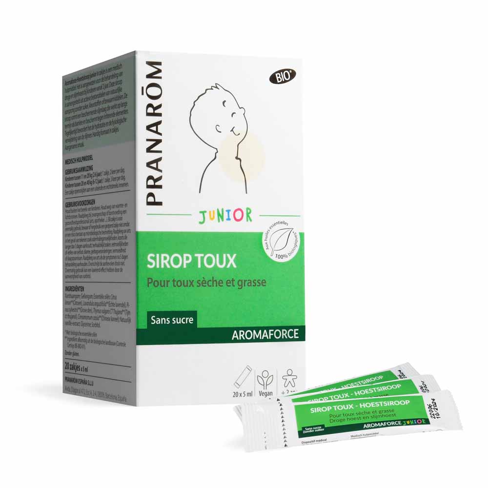 Pranarôm Aromaforce Sirop Toux Sèche et Grasse Junior Bio Dès 2 Ans 20 Sticks de 5ml