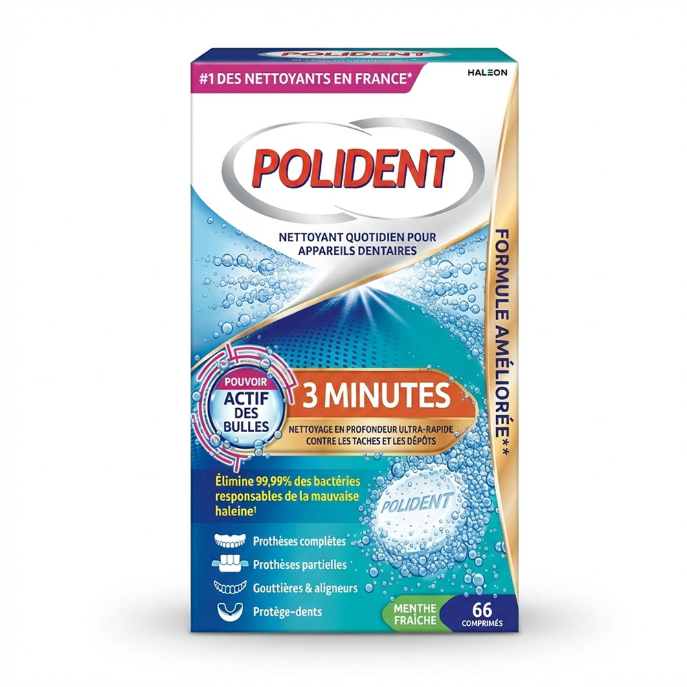 Polident Nettoyant pour appareils dentaires 3 minutes 66 comprimés