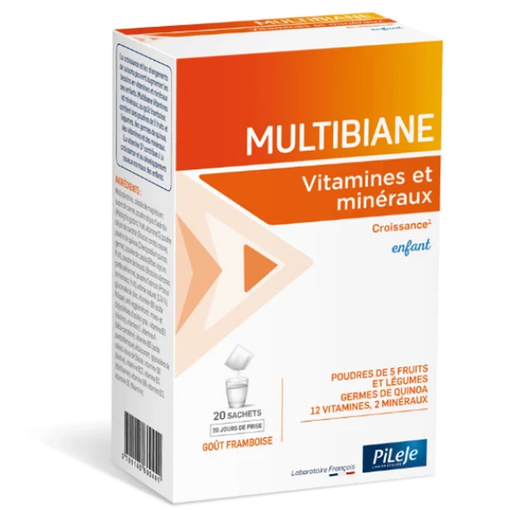 Pileje Multibiane Enfants Vitamines et Minéraux Goût Framboise 20 Sachets
