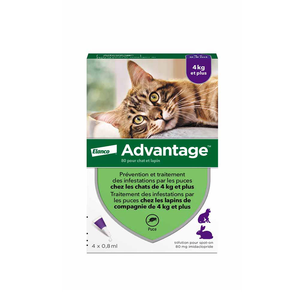 Advantage Solution 80mg Spot-on Pour Chats Et Lapins De Et Plus 4x0.8ml