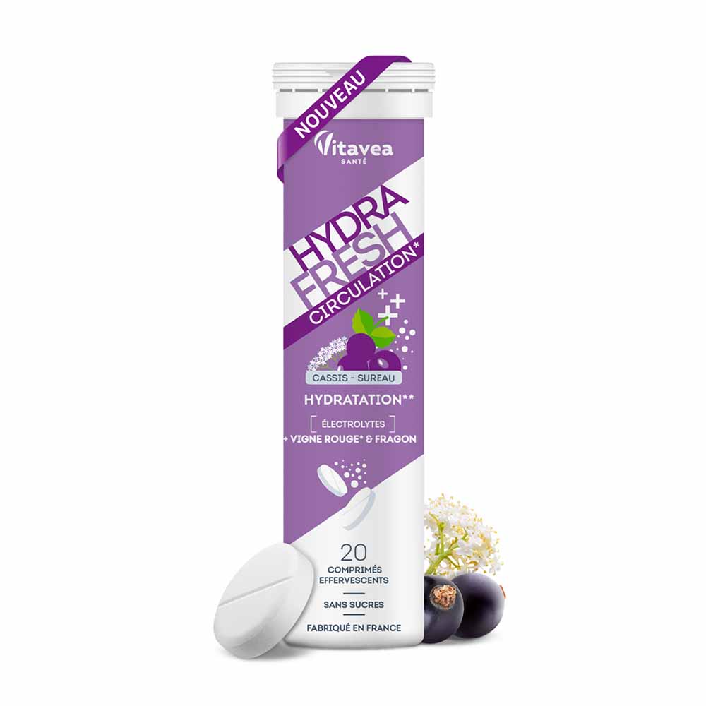 Vitavea Santé HydraFresh Hydratation Circulation Vigne Rouge et Fragon Goût Cassis 20 comprimés effervescents